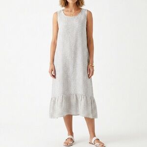 FRANCESCA BETTINI Linen Striped Sleeveless Ruffle Hem Midi Coastal Shirt Dress